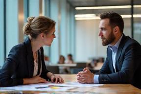 Two people discussing strategy over a table with charts